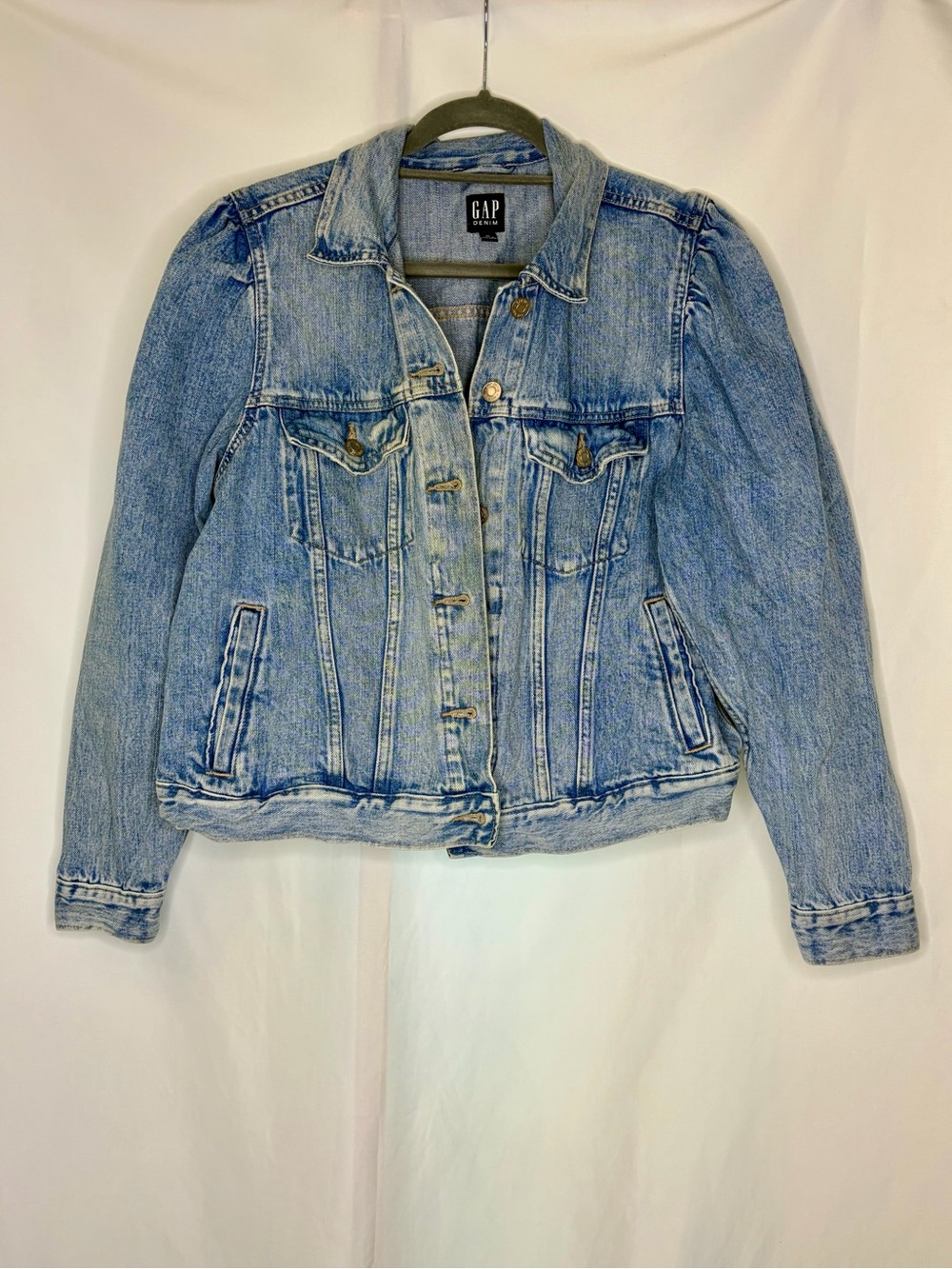 Gap Puff Sleeve Denim Jacket XL Medium Wash Statement Sleeve - Picture 2 of 11